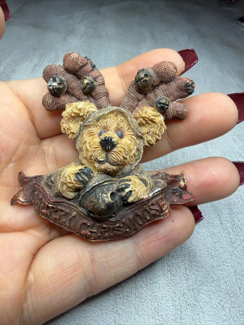 Christmas Bear Brooch Reindeer Antlers Merry Christmoose 1999 Vintage Signed TBC